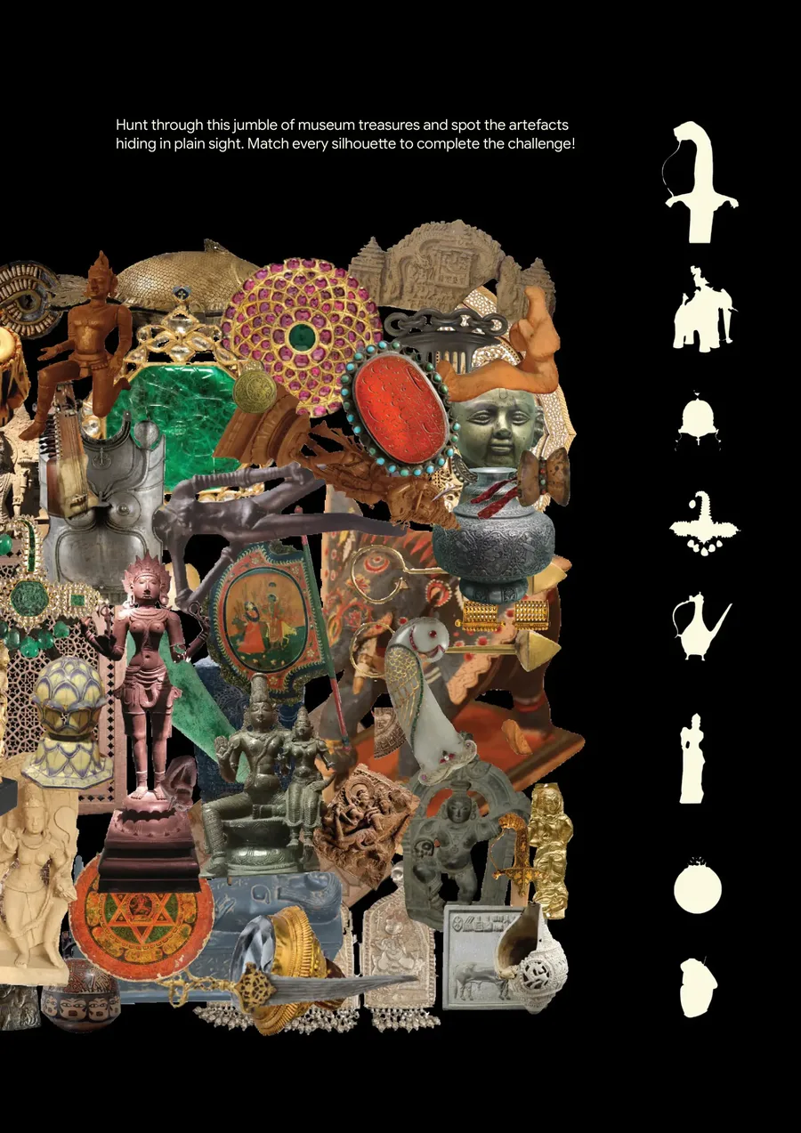 Artefact Mayhem collage, page 193, with the 8 printed silhouettes down the right edge